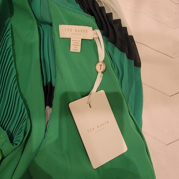 TED BAKER Nellina Pleated Midi Dip Asymmetrical Hem Green Color Block Dress $395 - Picture 14 of 17